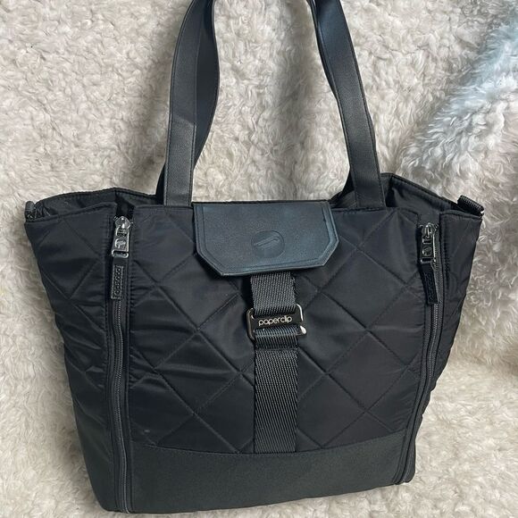 Paper Clip Black Nylon Quilted Large Diaper Bag silver tone hardwares. - Picture 3 of 15
